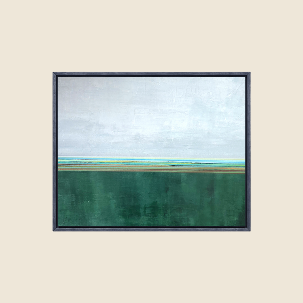 Original Painting - light grey sky with dark green foreground, with blues and greens mixed at the horizon line