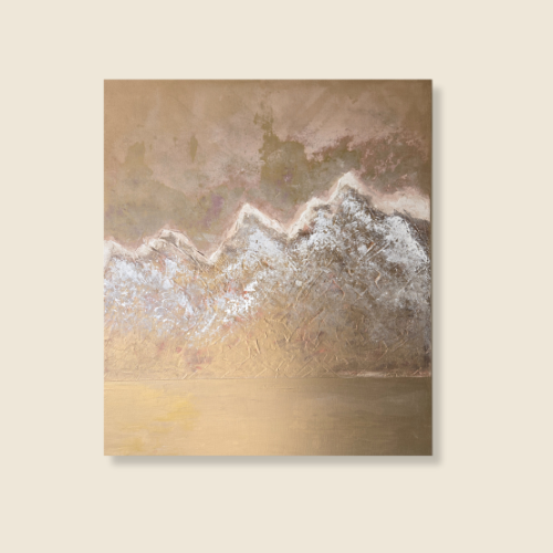 confirm size and medium, metalic gold background, mountains are highlighted with textured white, effect of stormy sky