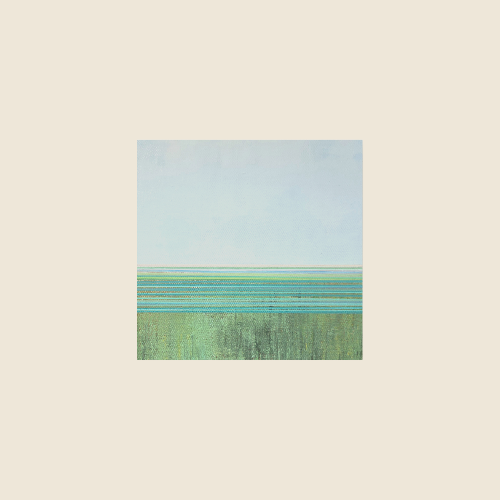Original Painting - landscape, view of the horizon, light blue sky with soft green foreground and mix of soft sea foam colored blues and greens mixing on the horizon line.