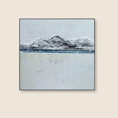 CONFIRM SIZE AND MEDIUM, winter scene, distant snow covered mountain, icy lake in front, with flat snow plane in the foreground. Colrs are white grey, and cool blues, greys and blacks