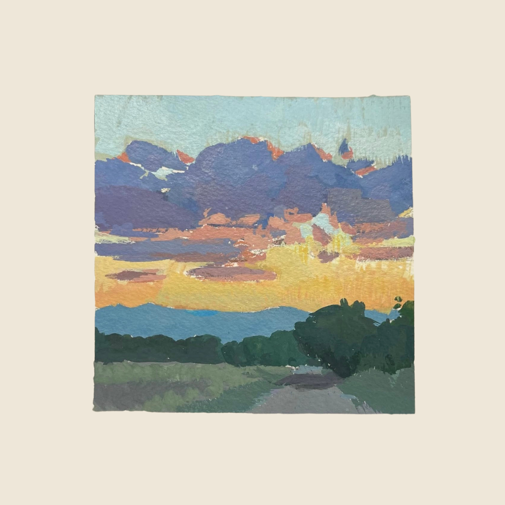 Original Painting - Sunrise in Dimple Dell, Candy Colored Clouds, with Blue Mountains, green bushes and trail leading towards the horizon