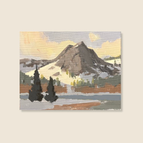 Size 8x10, Acrylic Paint, High Rocky Mountain top, lake in the foreground, Dk green PIne trees, grey blu sky with sunlight on the clouds, snow on the ground