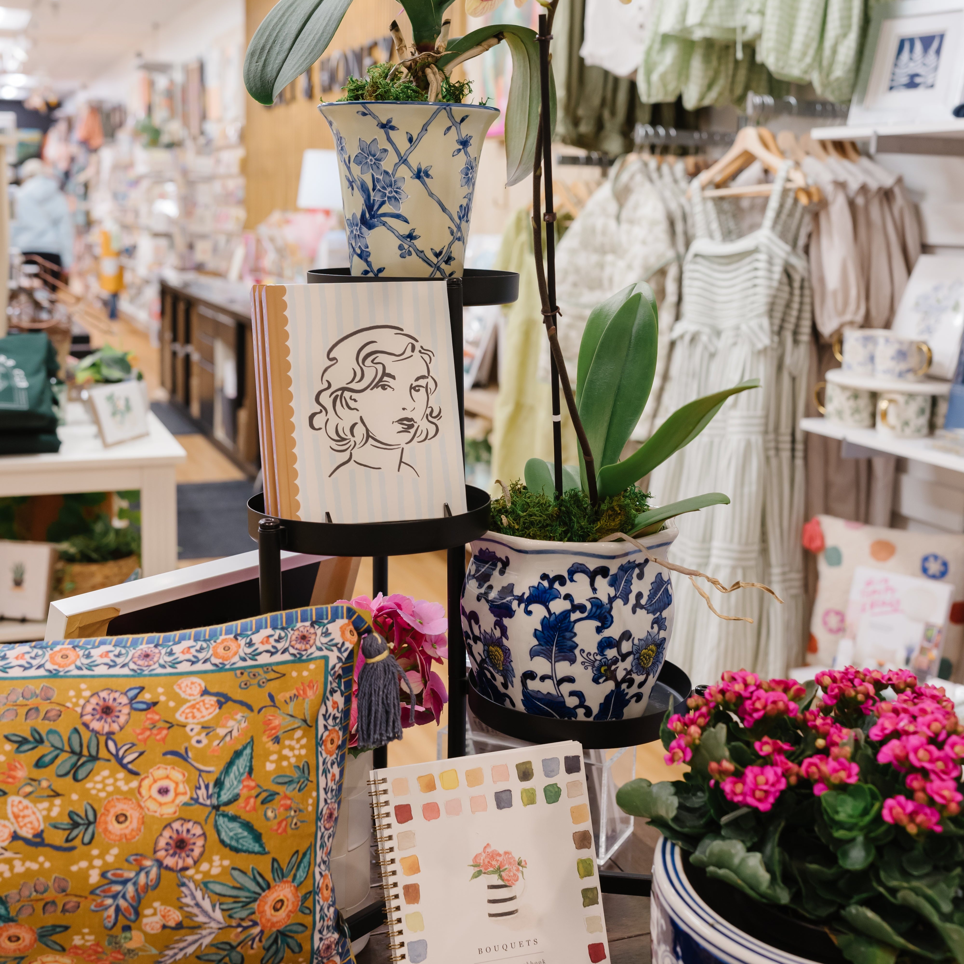 Decorative plants and items on display in a store