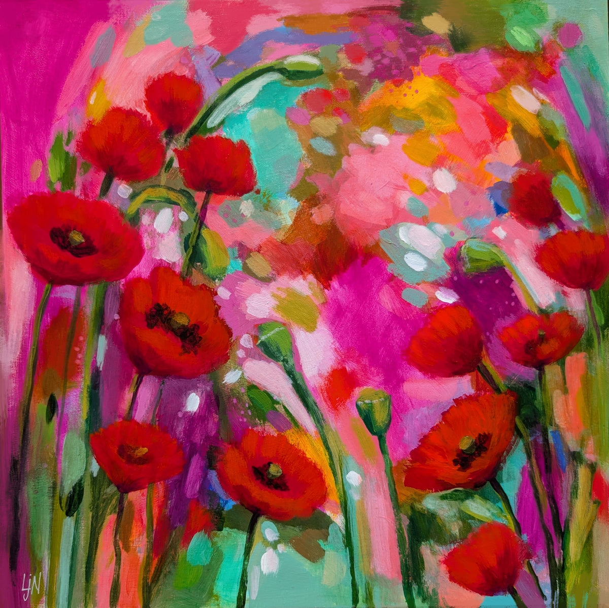 Vibrant pink and red poppies against an abstract burshstroke background.