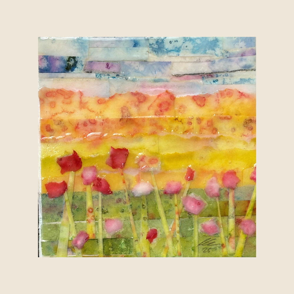 Original Art - Hand Painted Paper, Watercolor, Collage, Resin - Poppy Field in the foreground with orange mountains in the background, blue purple sky.