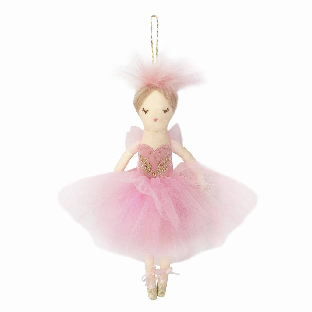 Hung on trees, wreaths and even chandeliers, our Nina Prima Ballerina Plush Doll Ornament brings a new kind of whimsy to your seasonal decor.  Made of polyester and metallic thread. Measures 10" Each ornament is stitched with intricate embroidery, stitching and multiple fabrics and textures to bring these plush dolls to life. Hangs from a metallic loop. Spot clean only For decorative use only, not a toy