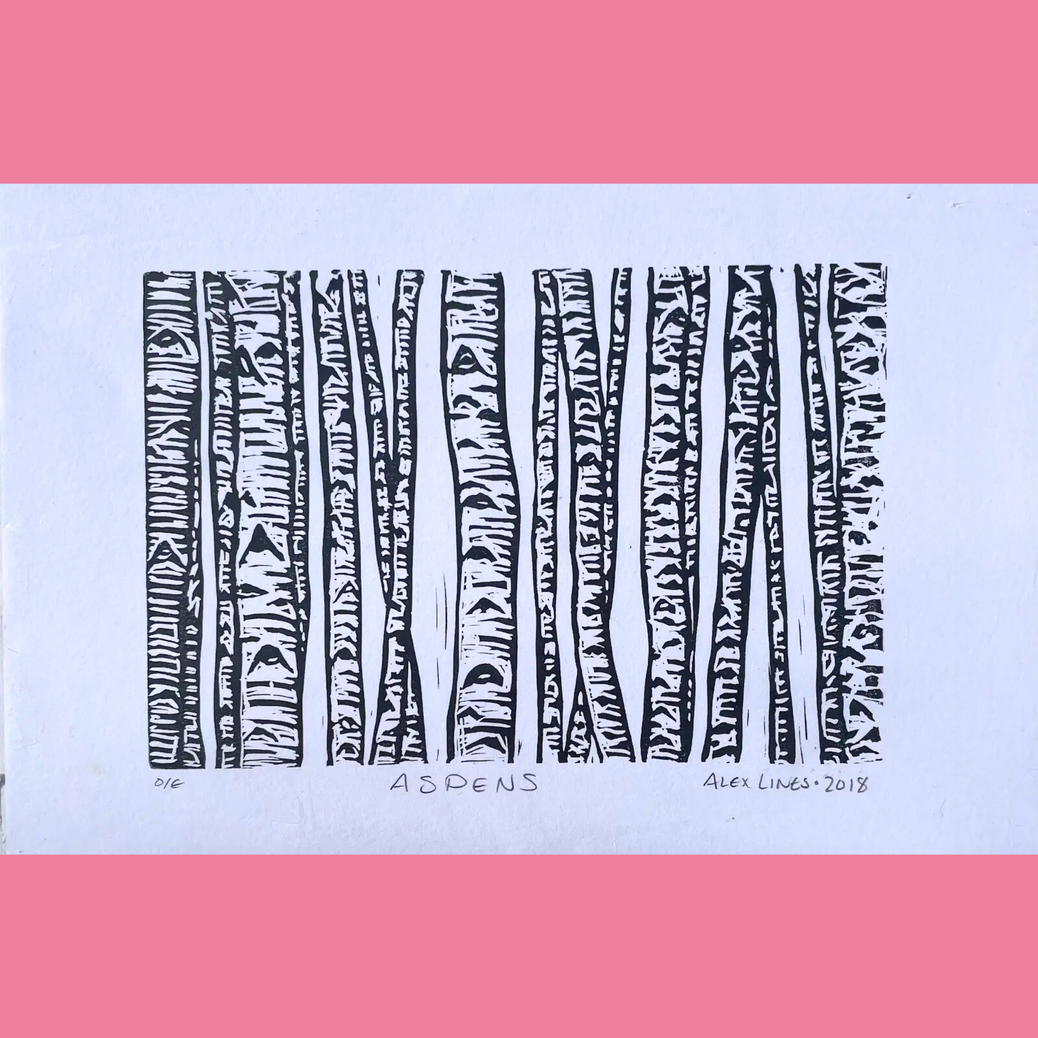 A black-and-white linocut print features a series of vertical, wavy, trunk-like forms arranged side by side, each textured with intricate, irregular white lines and patterns that evoke the distinctive bark of aspen trees. The artwork is printed on white paper with the title "ASPENS," the number "016," and the signature "ALEX LINES • 2018" written below, surrounded by a bright pink border.