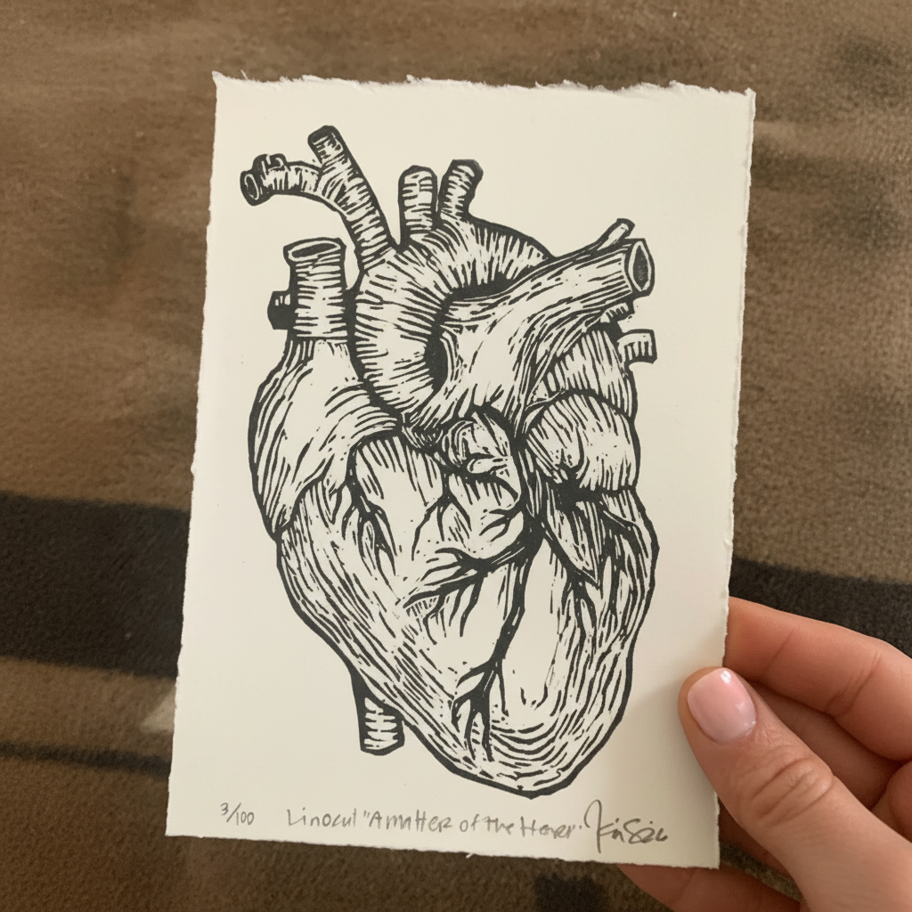 A detailed black-and-white linocut print illustrates a realistic human heart in anatomical style, viewed slightly from the front with prominent aorta and pulmonary arteries branching upward, intricate coronary vessels, and textured muscle striations rendered through fine white line work on a dark background. The artwork is printed on textured off-white paper with rough edges, numbered "3/100" as a limited edition linocut titled "A Matter of the Heart" and signed at the bottom.
