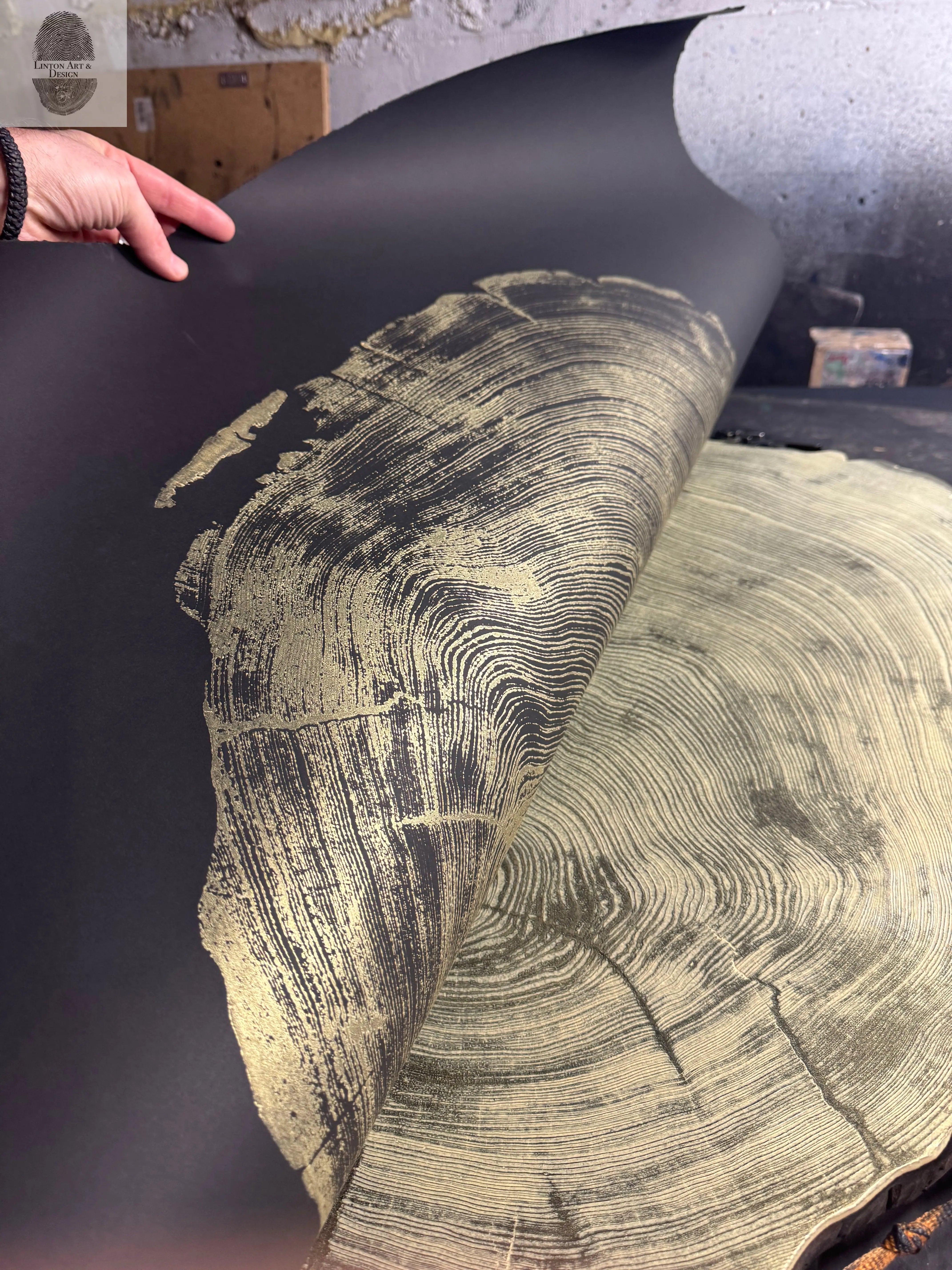 San Francisco Redwood. Gold and Black, 36x48 Inches. Original Signed artwork made from Real Redwood