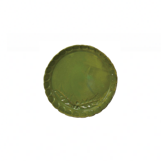 Debossed Stoneware Scalloped Plate. Green