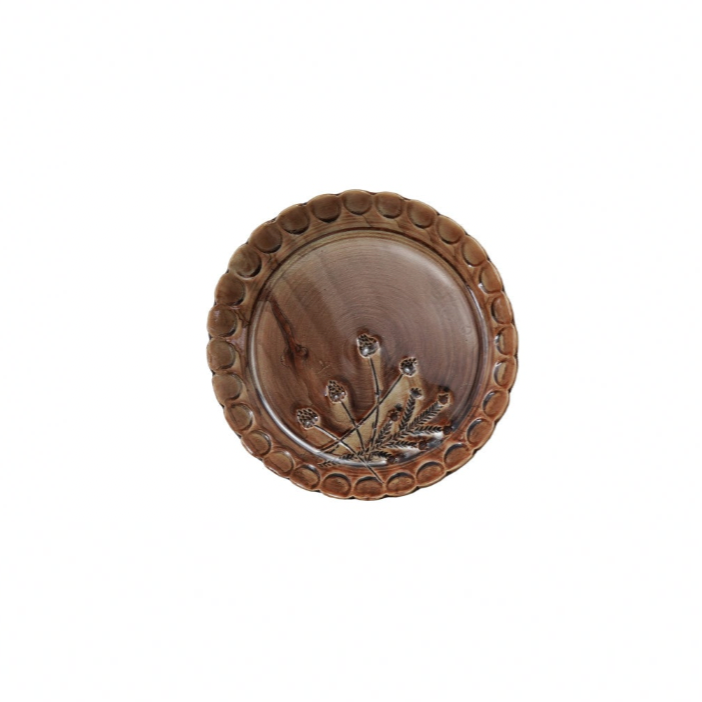 Debossed Stoneware Scalloped Plate. brown