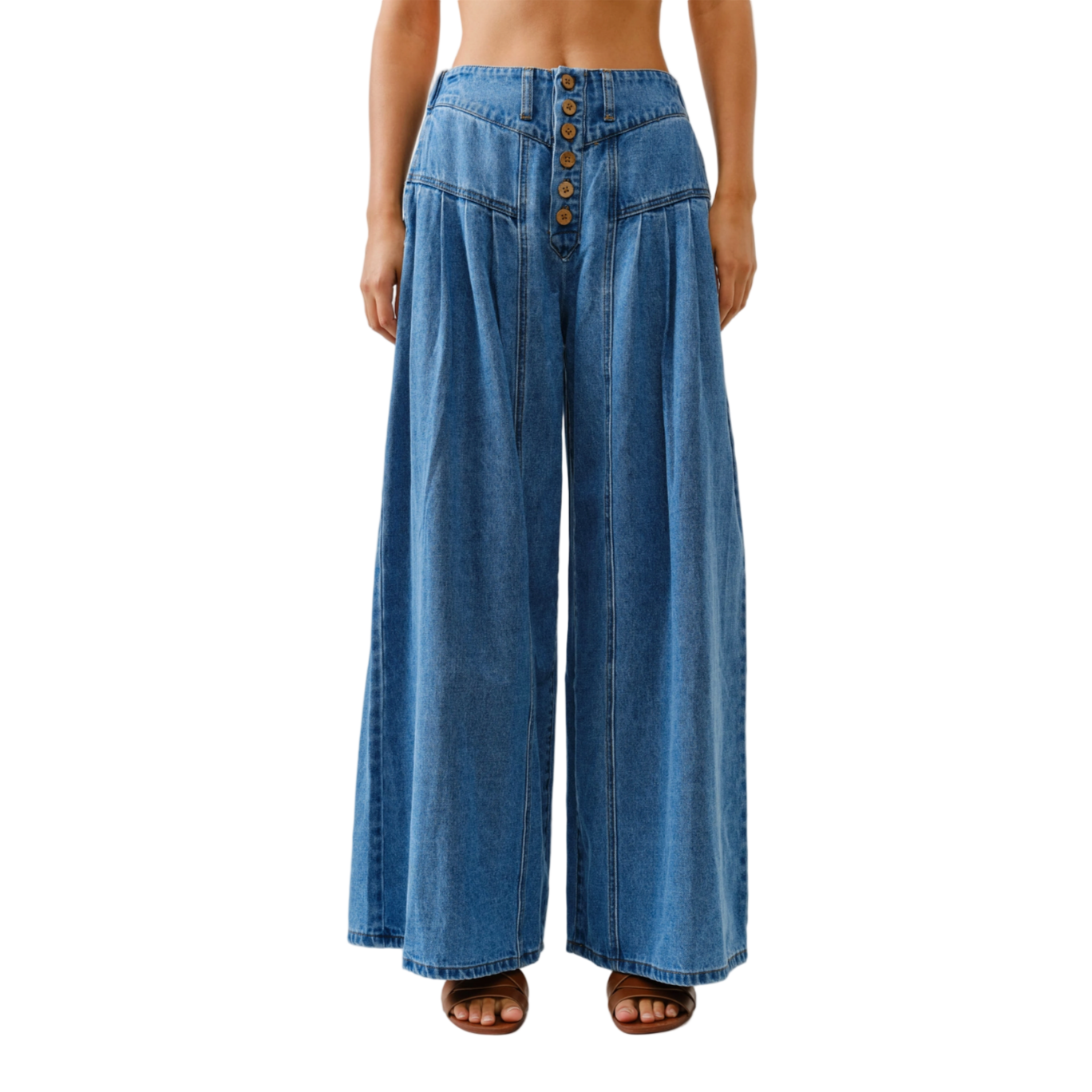 Wide-leg blue jeans worn by a person on a white background