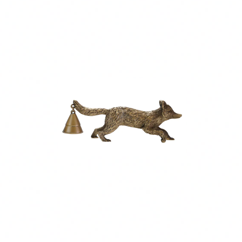 Bronze fox door knocker with a bell on a white background