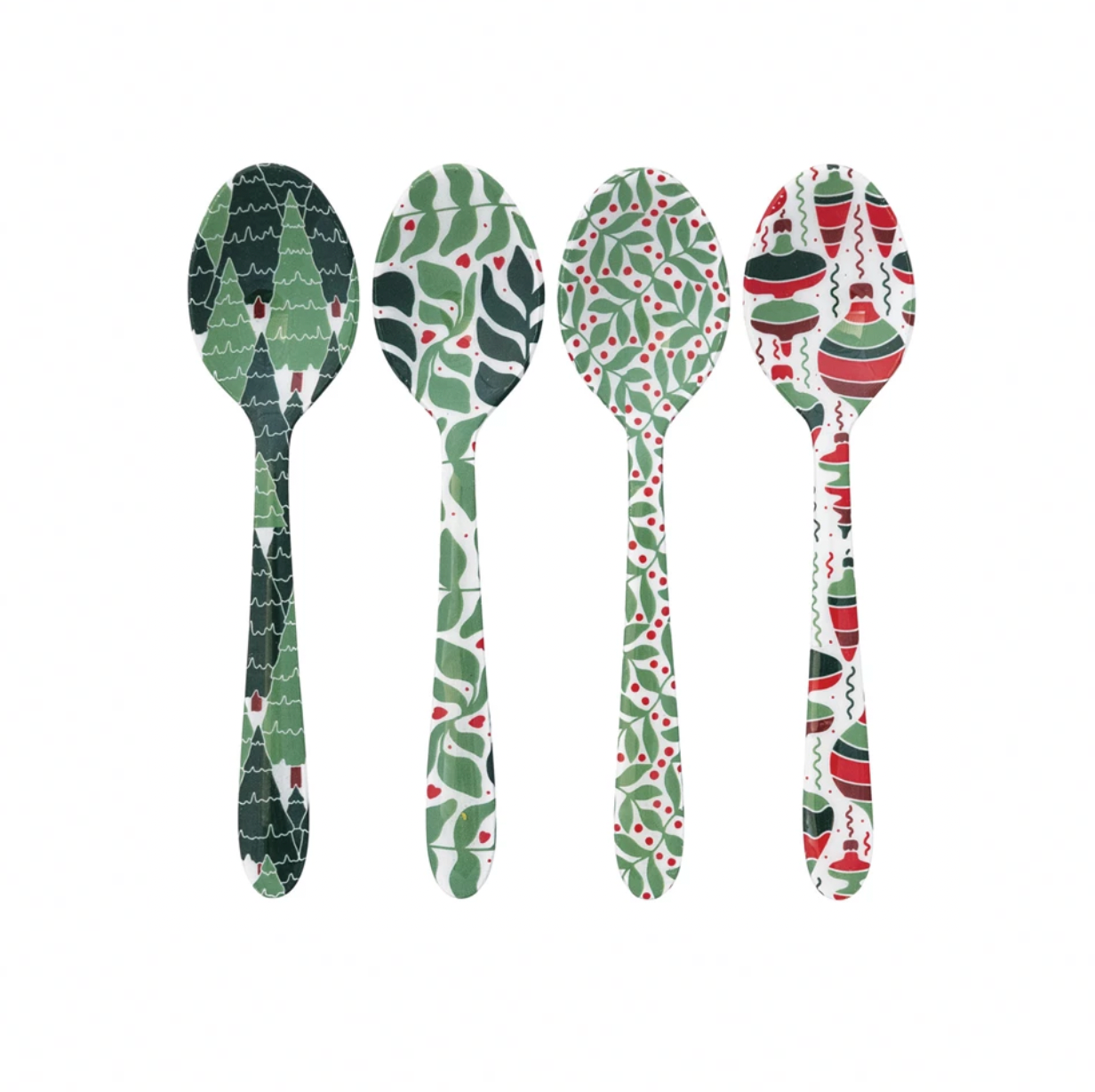 Four patterned spoons on a white background