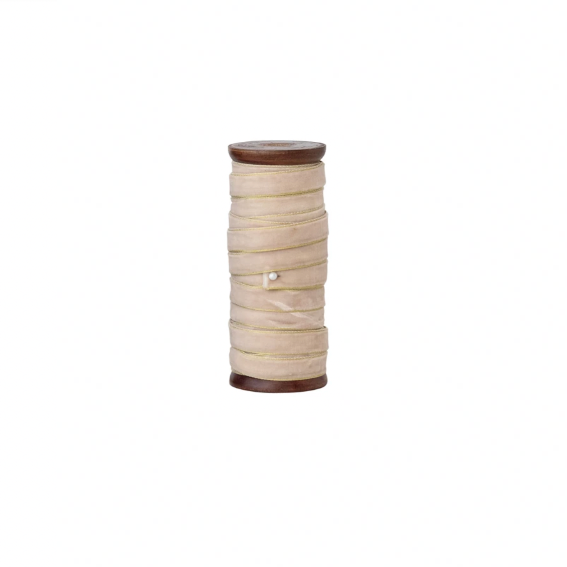 Spool of beige ribbon with a wooden handle on a white background