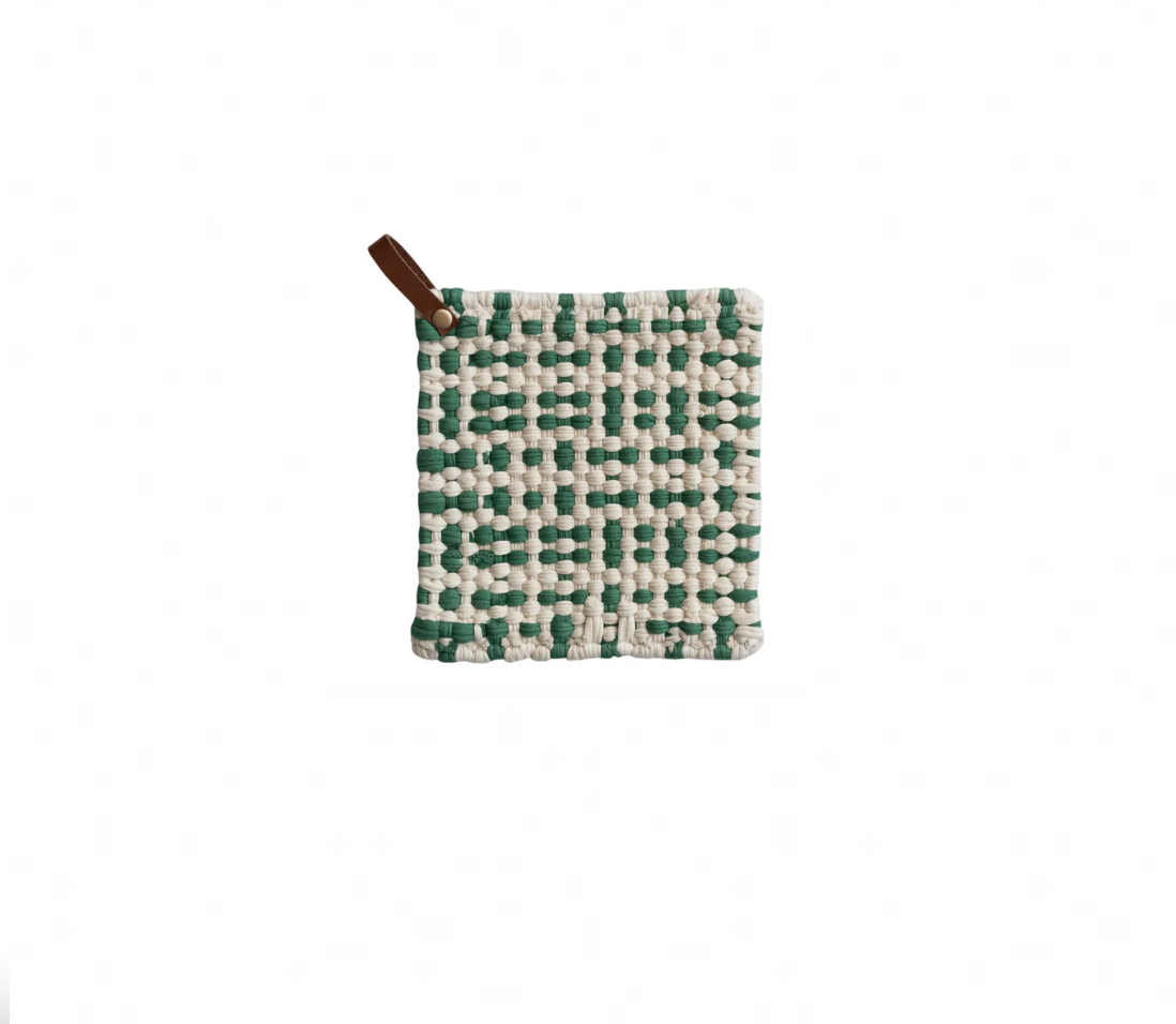 Cotton Crocheted Pot Holder with Leather Loop - Green