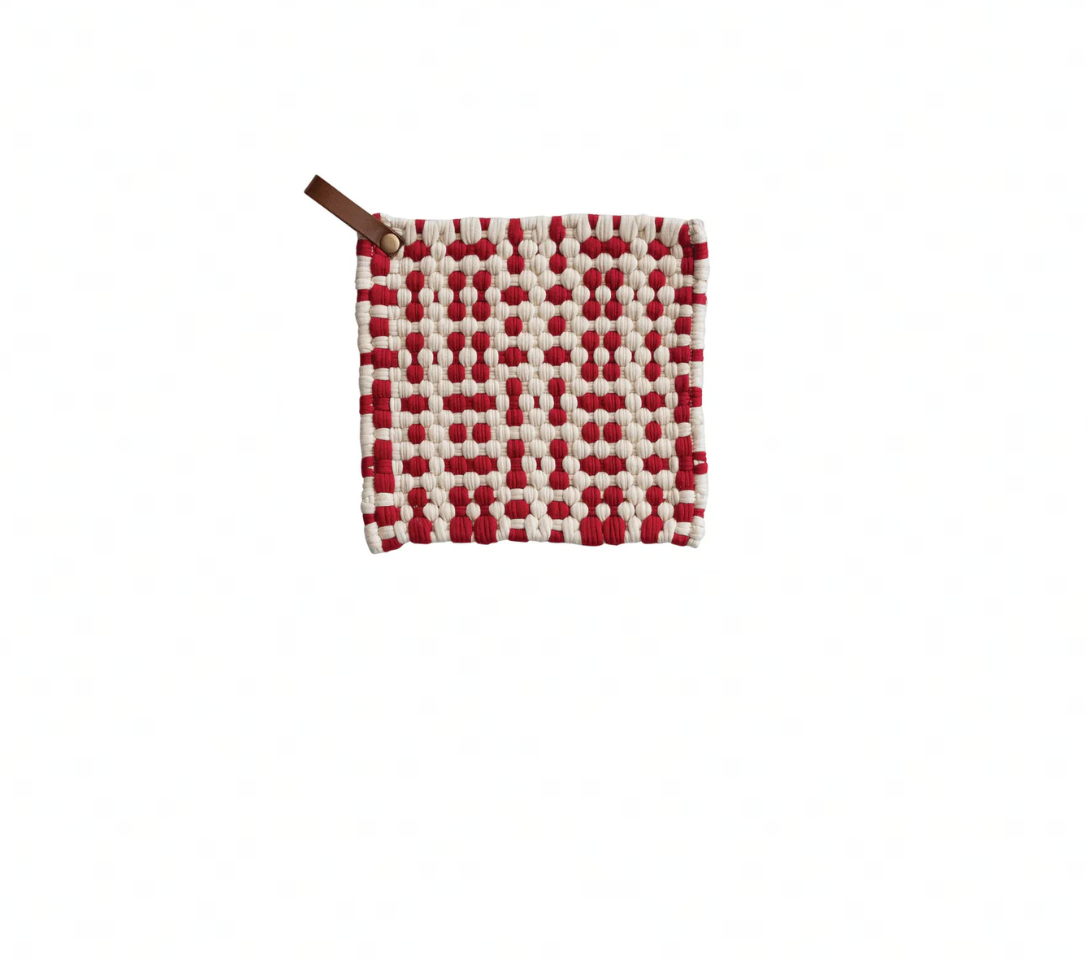 Cotton Crocheted Pot Holder with Leather Loop - Red