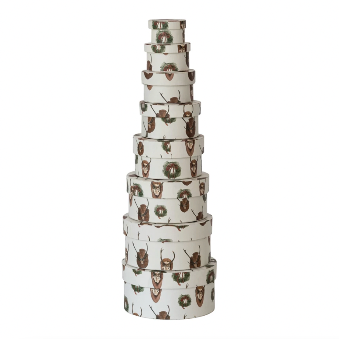 Set of 8 stacked round boxes with animal pattern on a white background