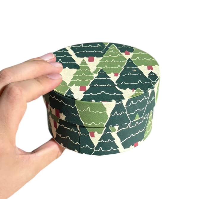 Round Handmade Recycled Paper Botanical Green Nesting Gift Boxes