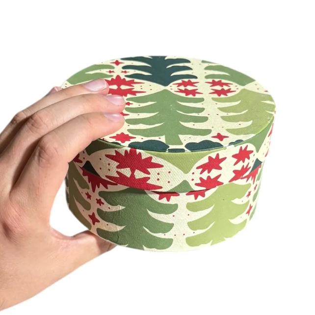 Round Handmade Recycled Paper Botanical Green Nesting Gift Boxes