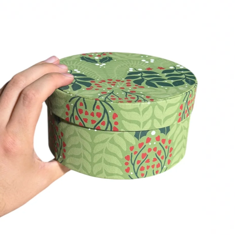 Round Handmade Recycled Paper Botanical Green Nesting Gift Boxes