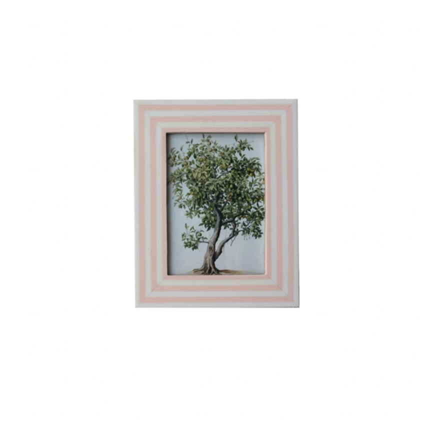 Pink striped Framed black and white floral print with a green border on a white background