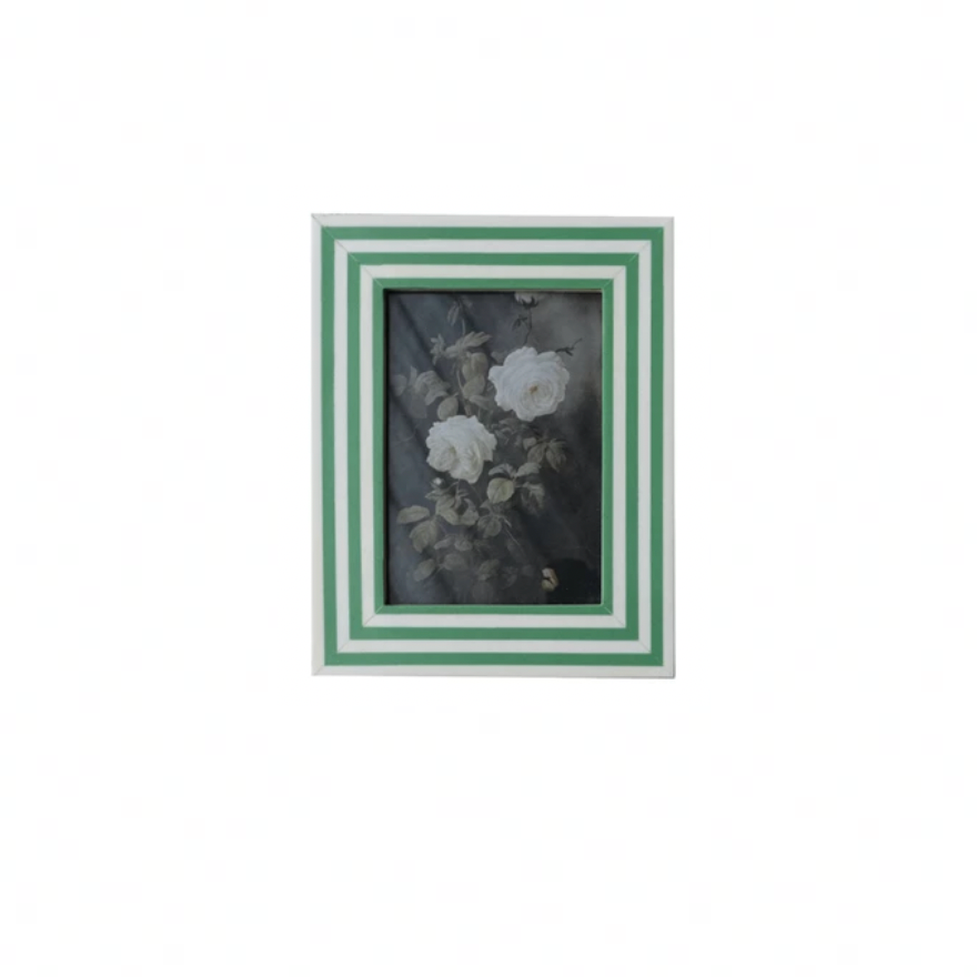 Green striped Framed black and white floral print with a green border on a white background