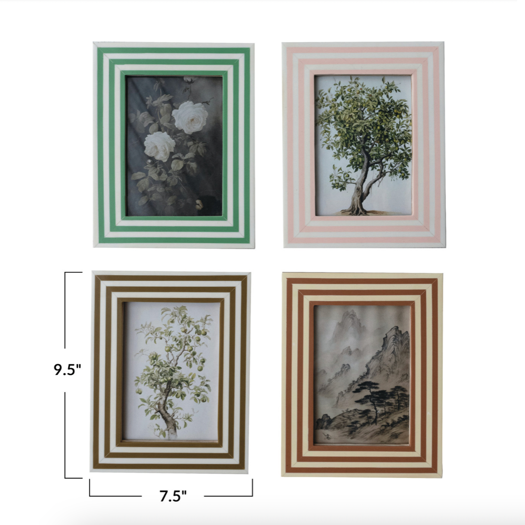 Four framed artworks with dimensions displayed on a white background