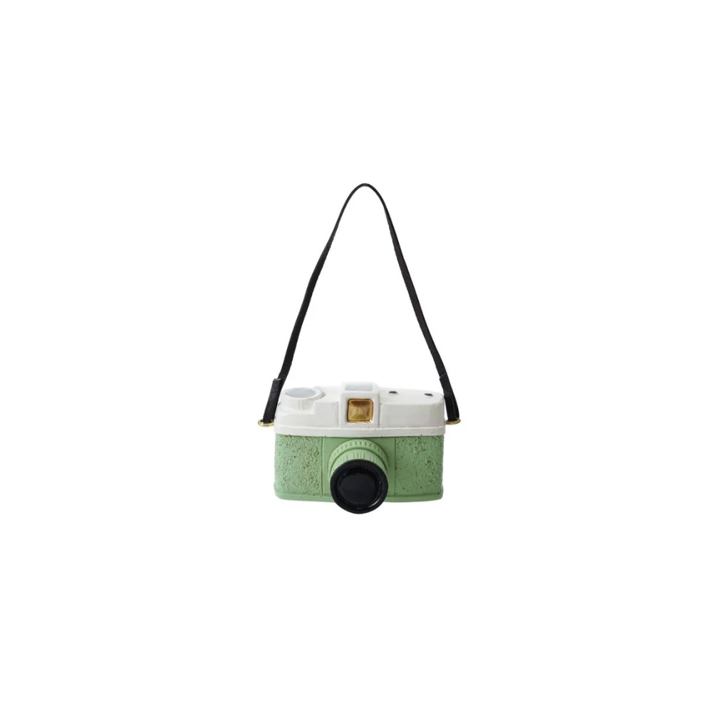Green camera with a strap on a white background