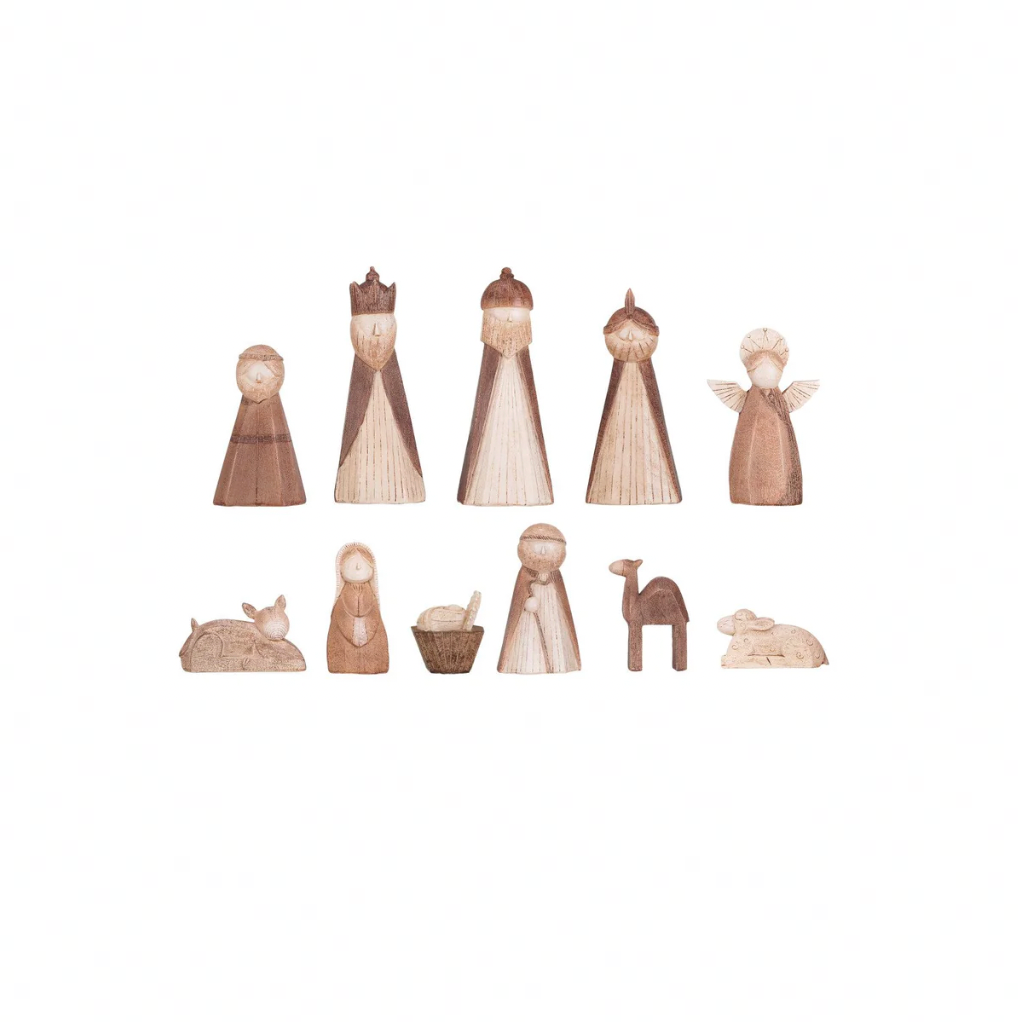 Set of wooden nativity scene figures on a white background