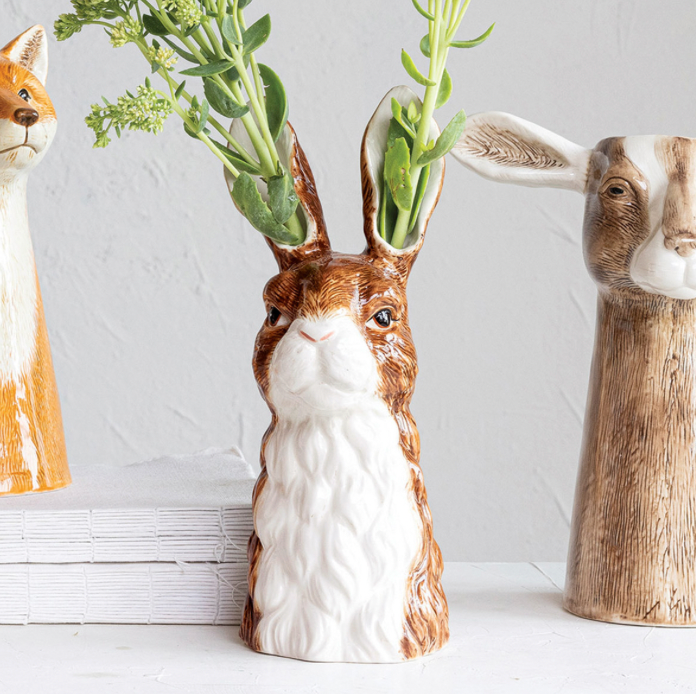 Hand-Painted Stoneware Rabbit Vase