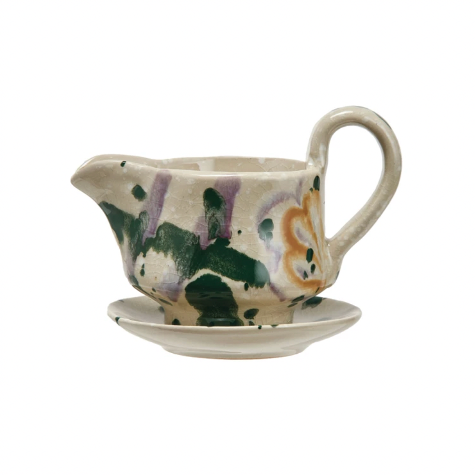 Hand-Painted Creamer w/ Saucer - Set of 2