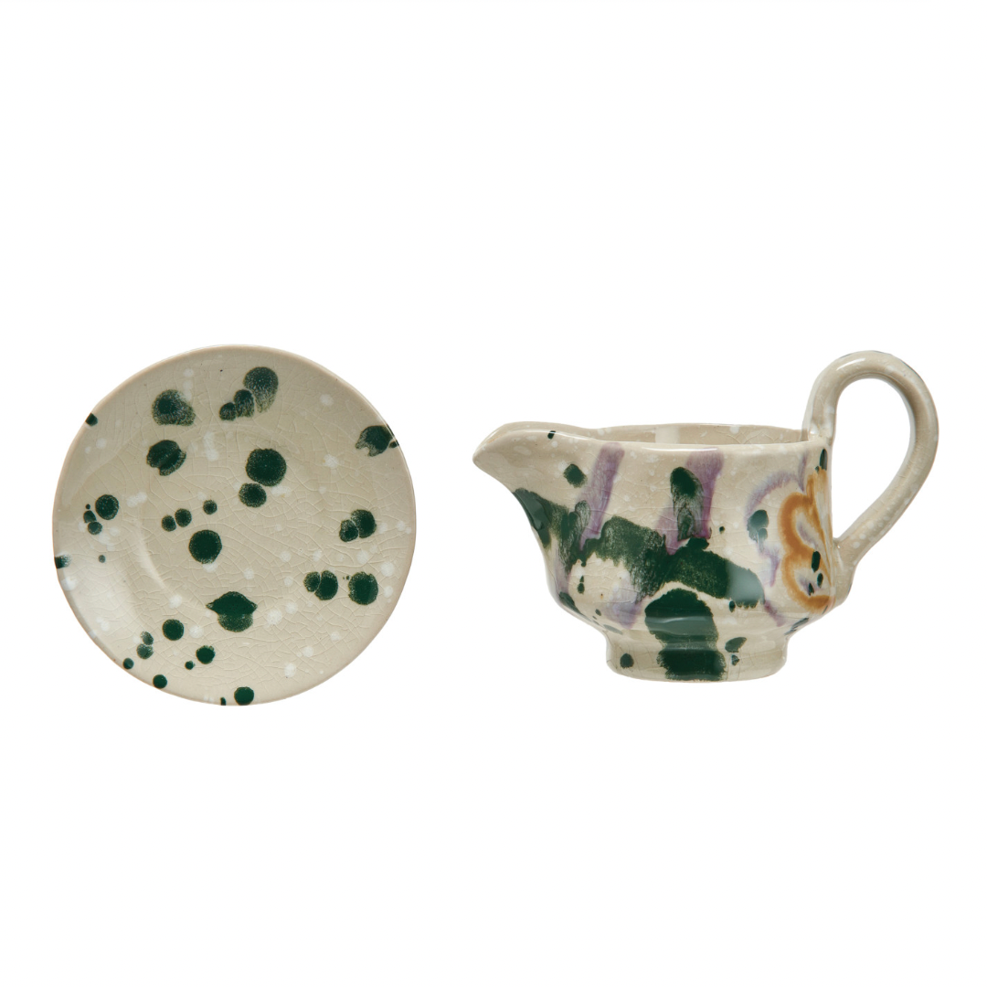 Hand-Painted Creamer w/ Saucer - Set of 2