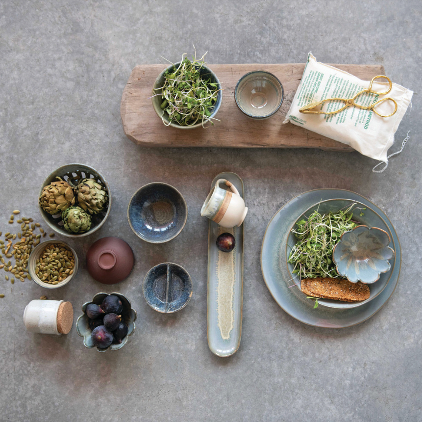 Stoneware Berry Bowl with Glaze - Greens & Blues