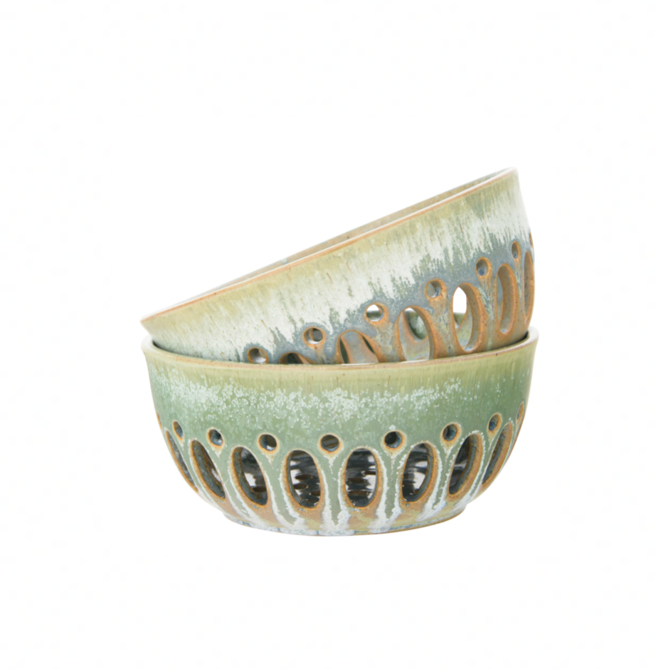 Stoneware Berry Bowl with Glaze - Greens & Blues