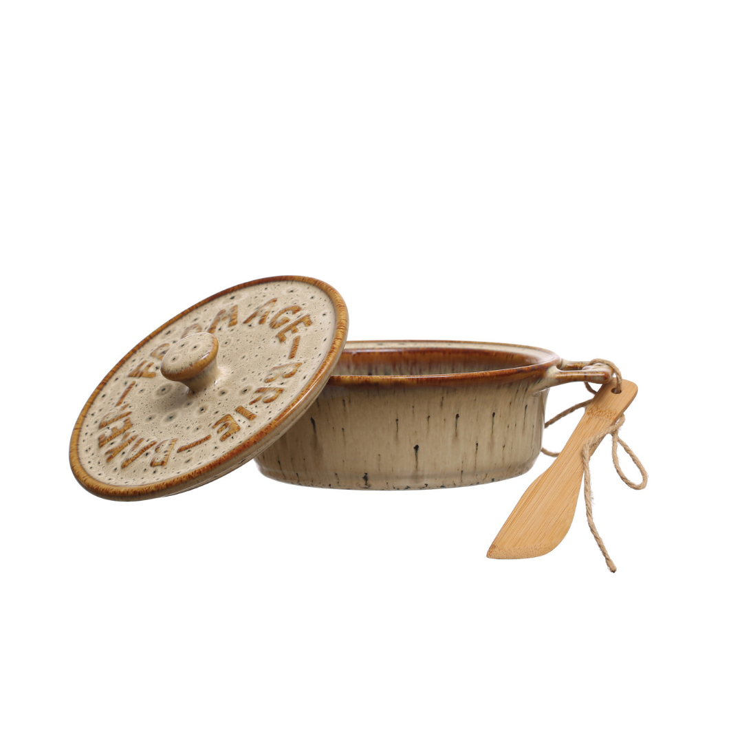 Stoneware Brie Baker w/ Bamboo Spreader - Cream