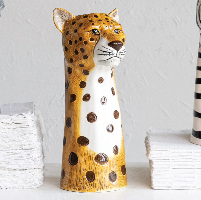 Hand-Painted Stoneware Cheetah Vase