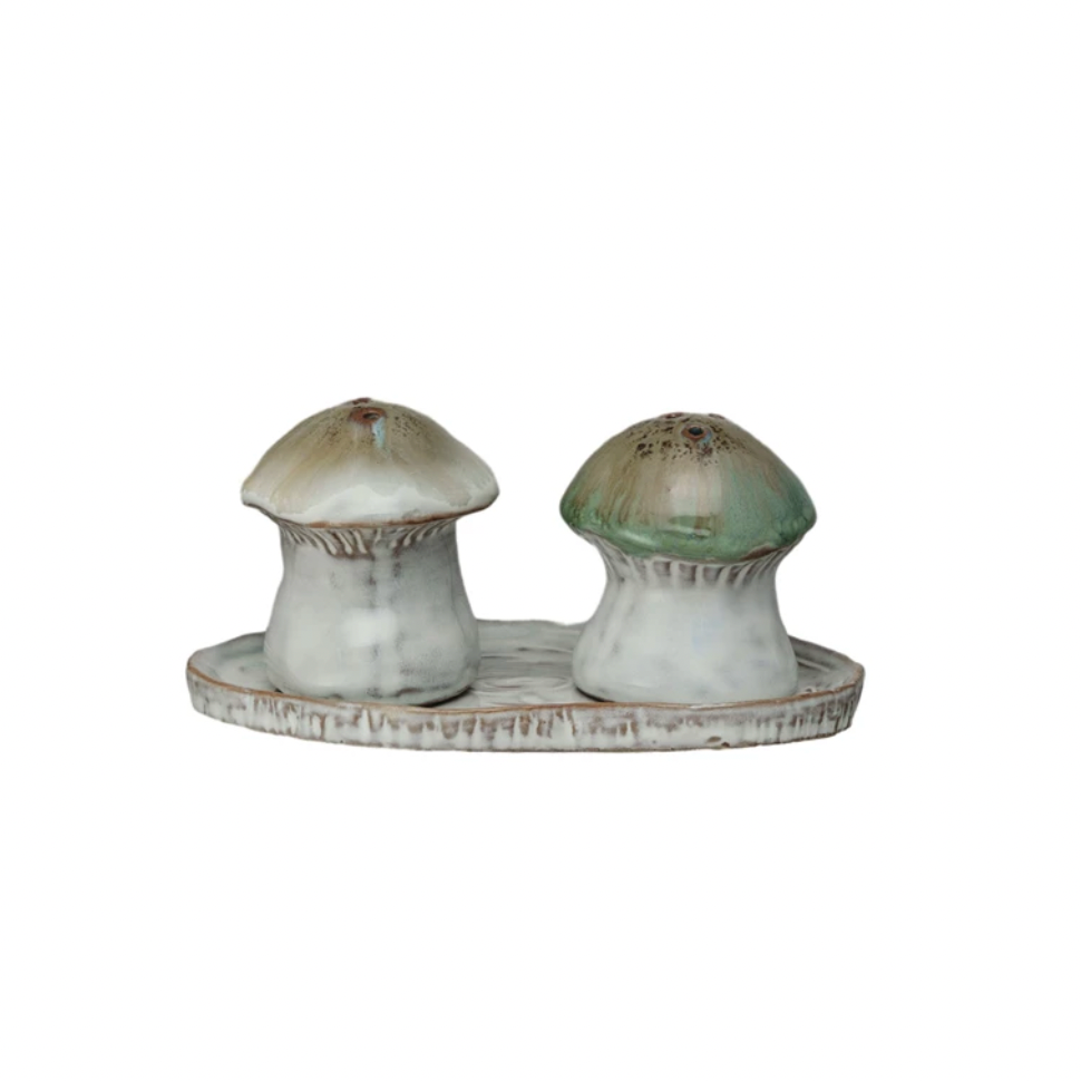 Mushroom Shaped Stoneware Salt & Pepper Shakers w/ Tray