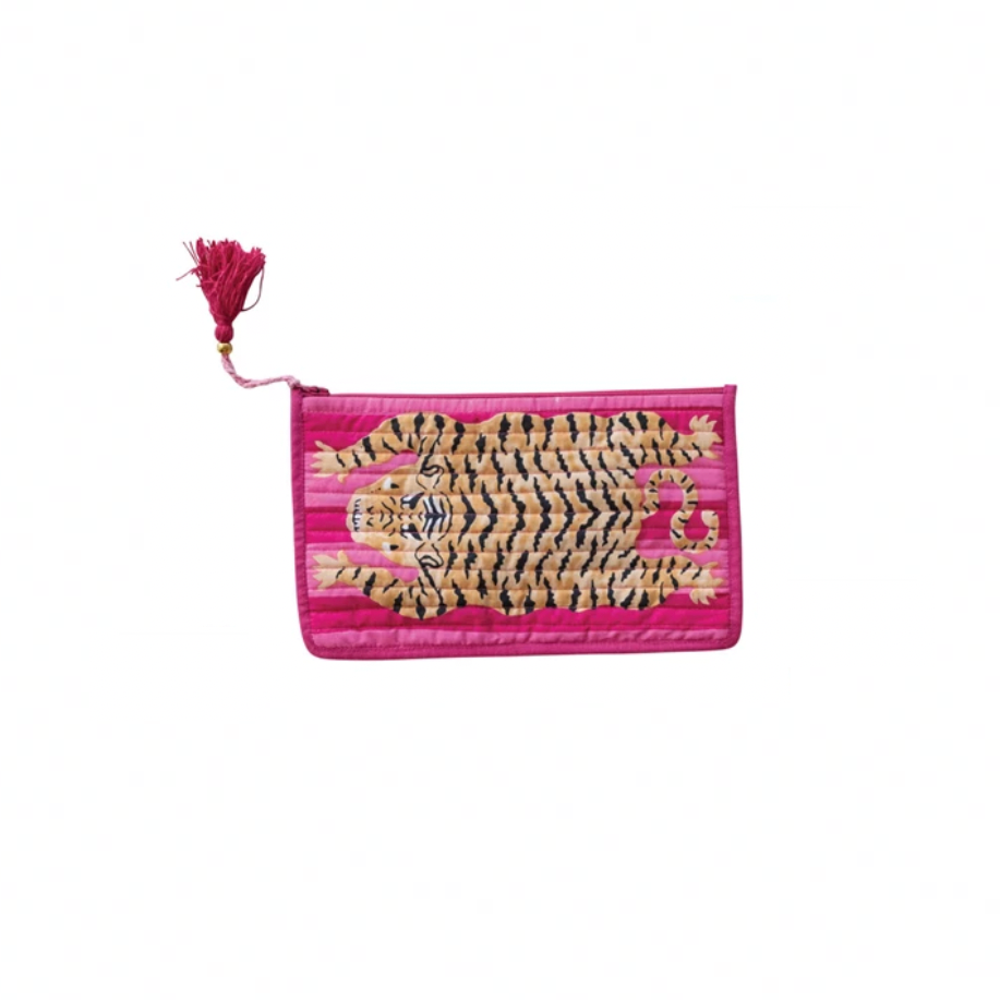 Cotton Voile Printed Tiger Zip Pouch with Interior Coating hot pink