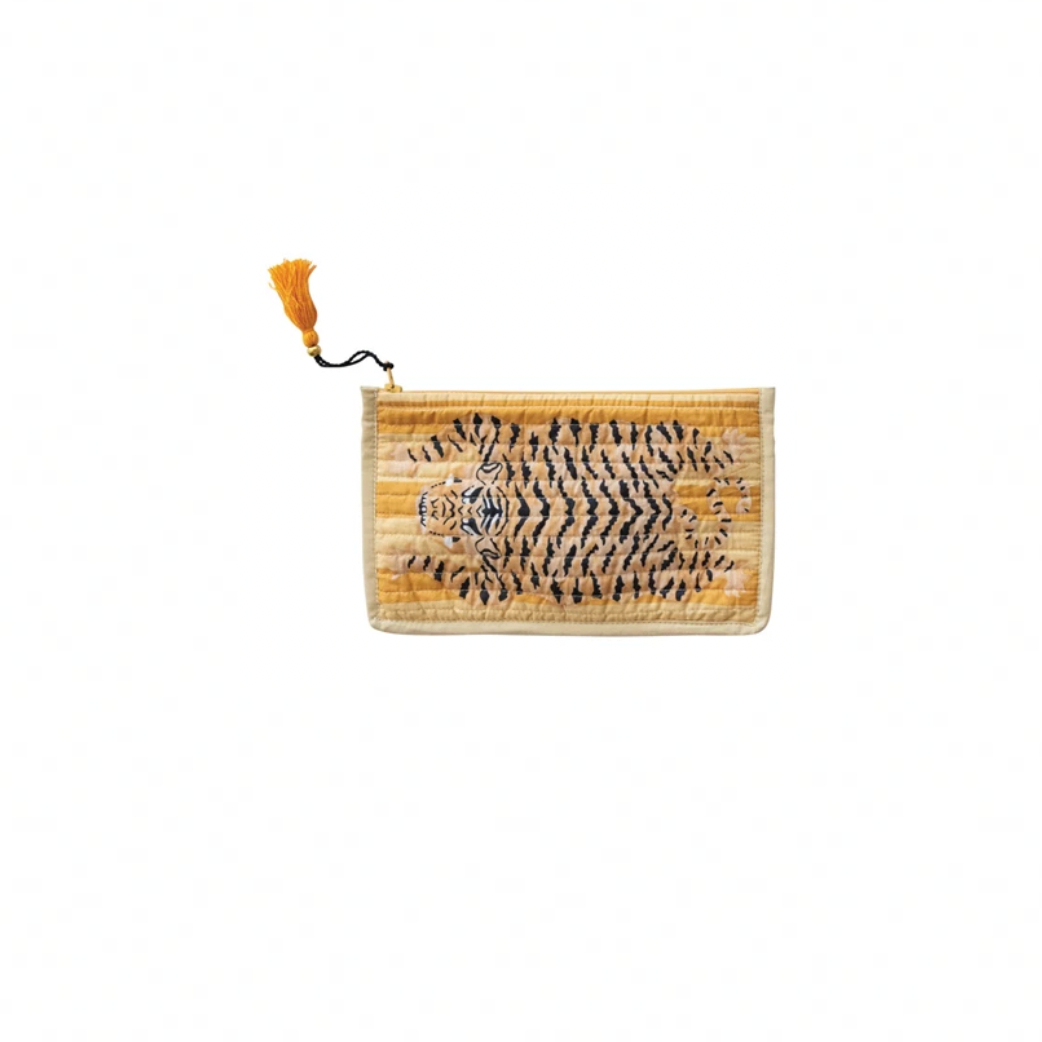 Cotton Voile Printed Tiger Zip Pouch with Interior Coating yellow