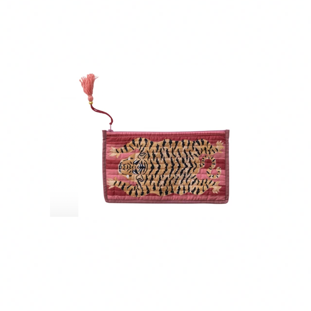 Cotton Voile Printed Tiger Zip Pouch with Interior Coating pinks
