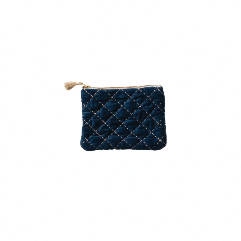 Quilted Cotton Velvet Zip Pouch w/ Metallic Thread Embroidery & Tassel - Dark Blue