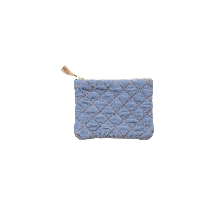 Quilted Cotton Velvet Zip Pouch w/ Metallic Thread Embroidery & Tassel - periwinkle