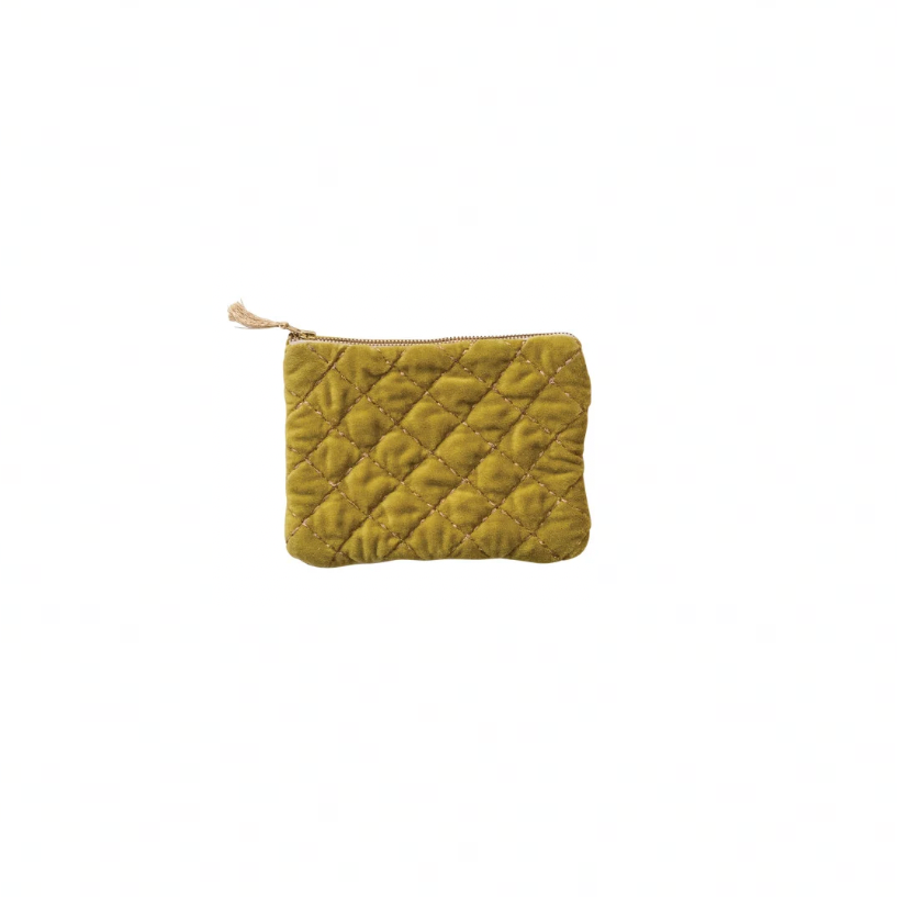 Quilted Cotton Velvet Zip Pouch w/ Metallic Thread Embroidery & Tassel - chartreuse