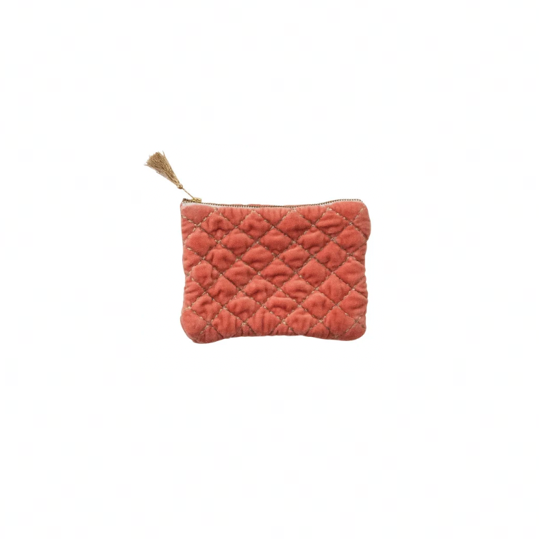 Quilted Cotton Velvet Zip Pouch w/ Metallic Thread Embroidery & Tassel - pink