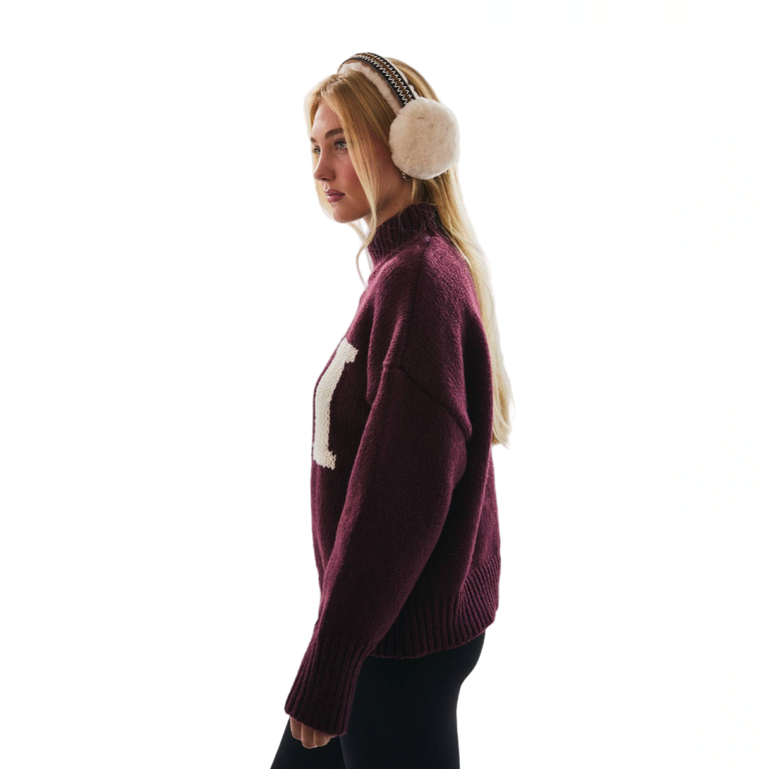 High Neck Oversized Sweater Top - Wine