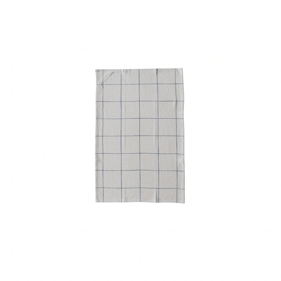 Woven Cotton Printed Tea Towel with Blue Grid Pattern