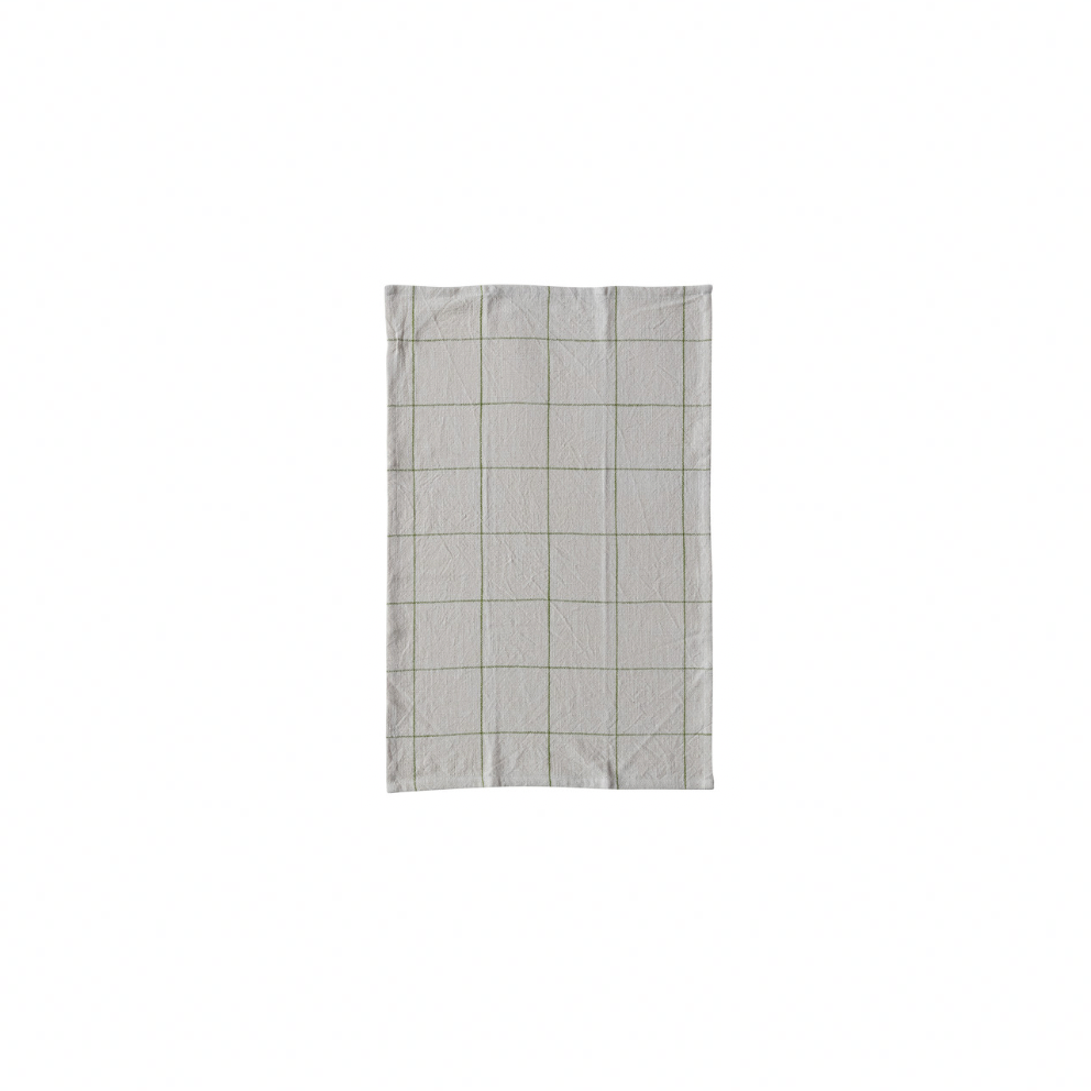 Woven Cotton Printed Tea Towel with Green Grid Pattern