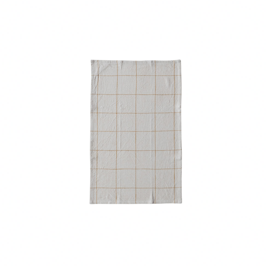 Woven Cotton Printed Tea Towel with Orange Grid Pattern