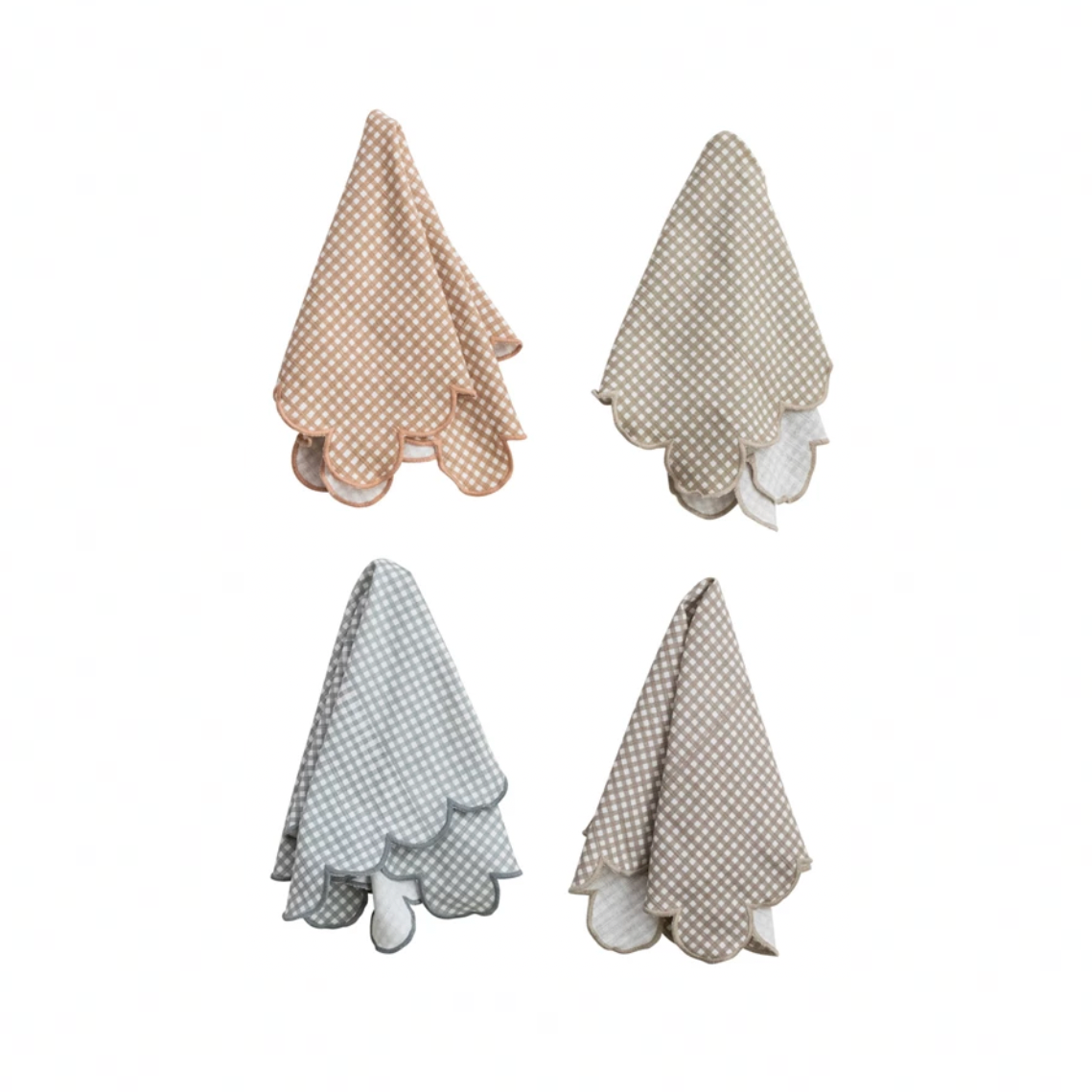 Cotton Printed Scalloped Napkins w/ Check Pattern & Stitched Edge - Set of 4